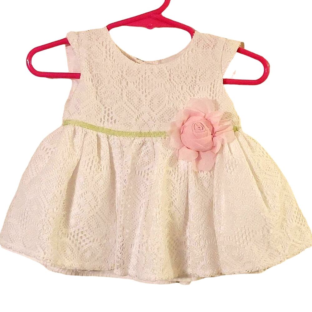 Pretty George White Lace‎ Dress w/ Green Ribbon Trim & Pink Flower 0-3M